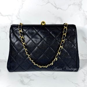 CHANEL Vintage Black Caviar Kisslock Frame Bag